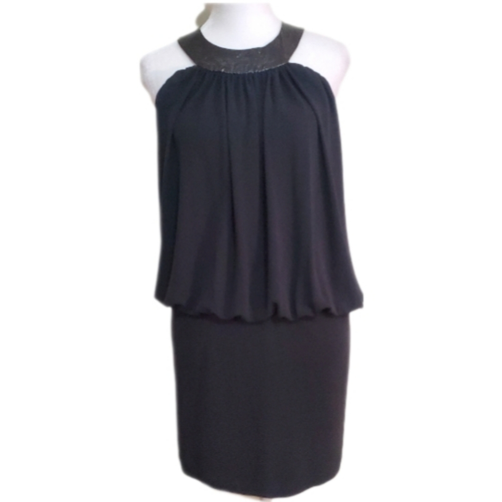 Anthropologie Black Halo black Leather Trim halter backless Stretch mini…